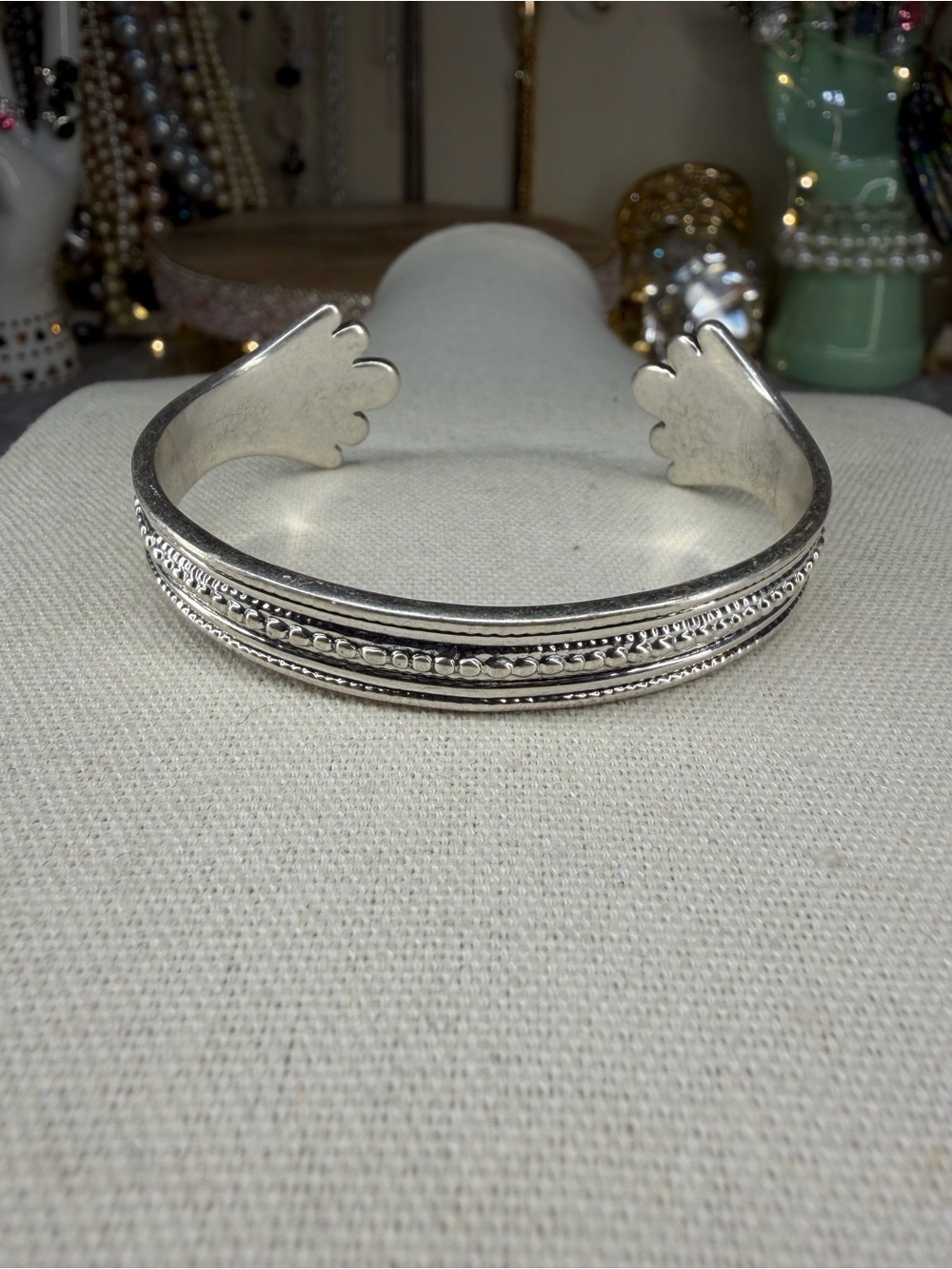 Lucky Silver Tone Cuff Bracelet Signed Jewelry